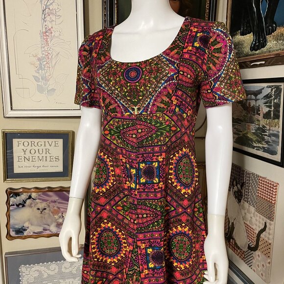 70s Vintage Neon Geometric Prychedelic Scoop Neck Short-Sleeve Dress Size L - Picture 3 of 6